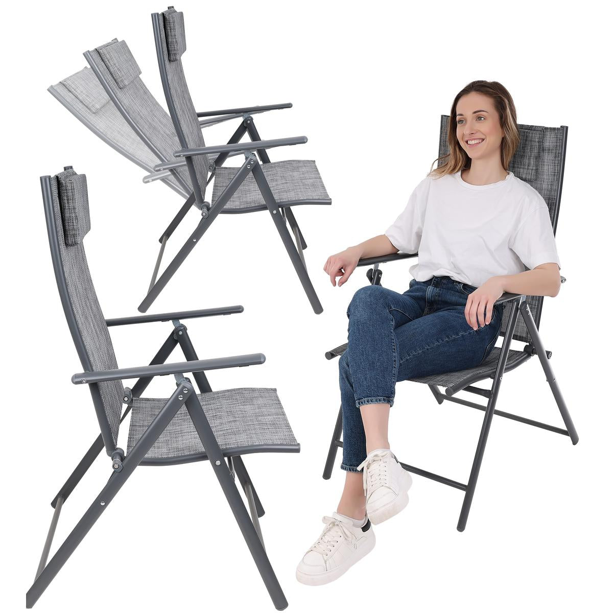 Set 2 scaune reglabile de gradina cu tetiera, textilene si cadru metalic, 57x68x106 cm, gri