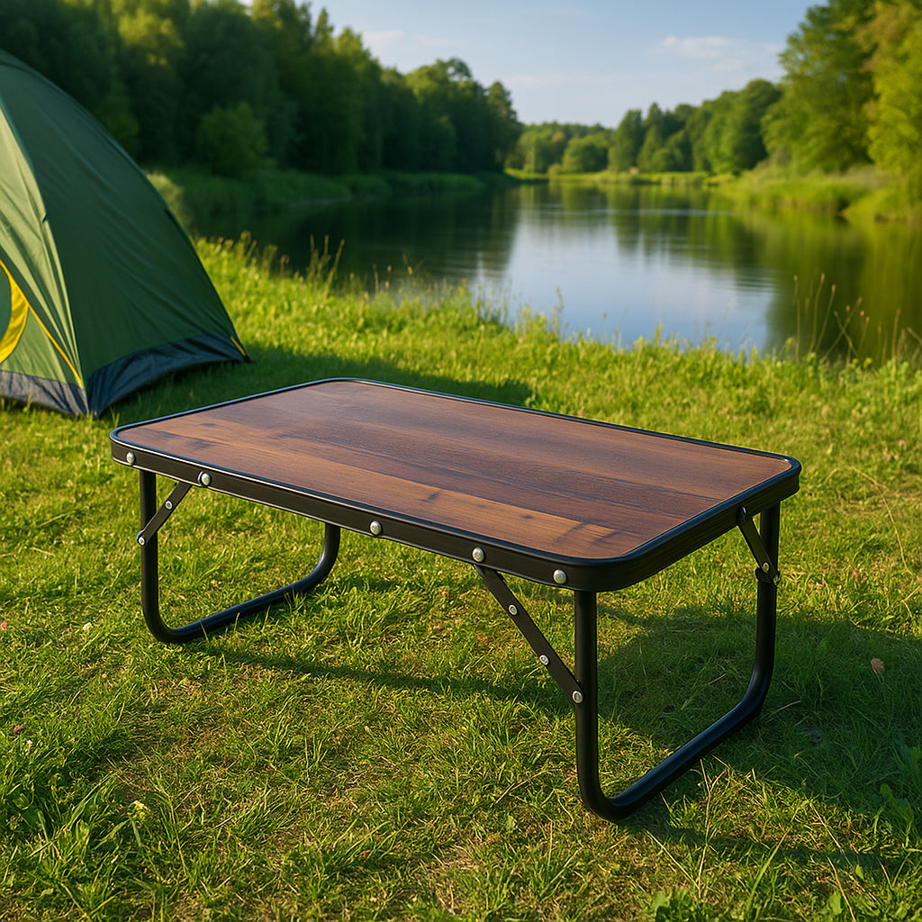 Masuta pliabila camping MDF cu maner, structura aluminiu, 56x34x24 cm, maro