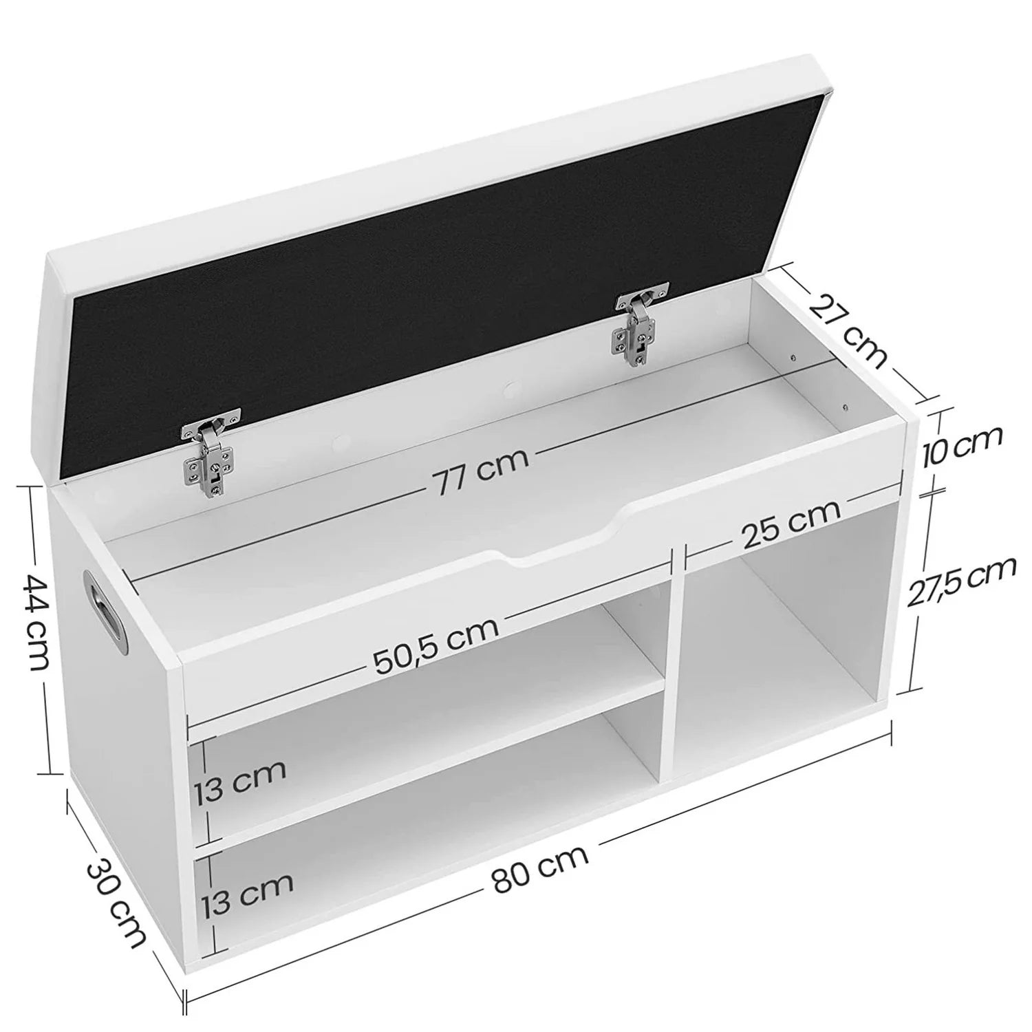 VASAGLE Pantofar cu banca, capitonata, 3 compartimente, sarcina 150 kg, 30x80x44cm, modern, alb