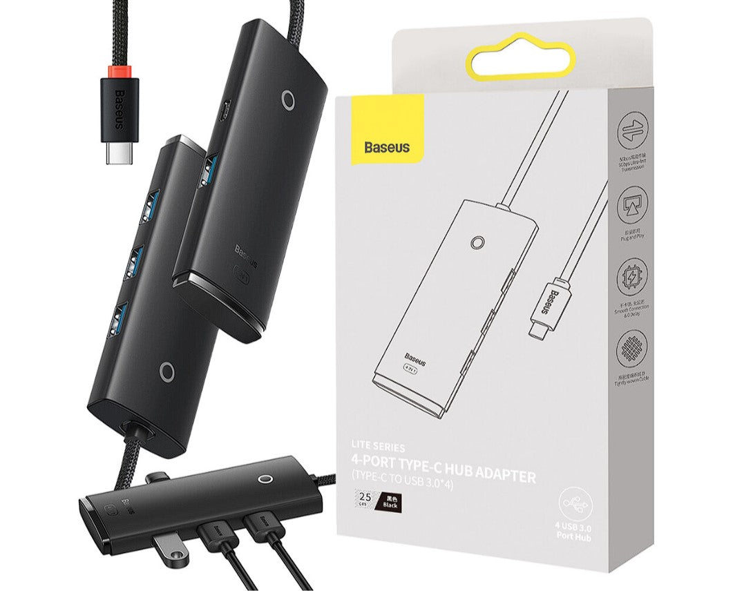 HUB extern Baseus Lite, porturi USB: USB 3.0 x 4, conectare prin USB Type-C, lungime 1m, negru, "WKQX030401" - 6932172606268