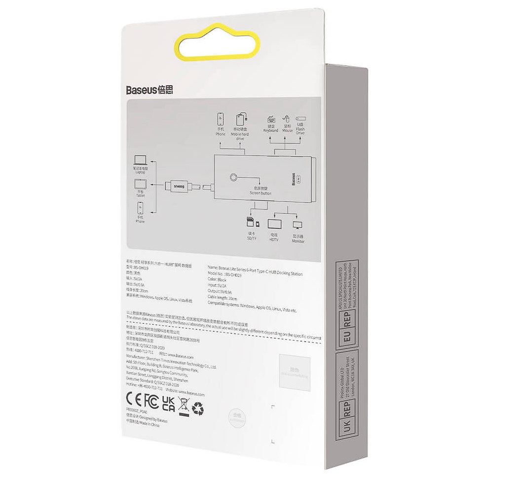 DOCKING Station Baseus Lite, conectare PC USB Type-C, USB 3.0 x 2, USB Type C x 1, HDMI x 1/4K/30Hz, card reader SD/microSD, negru "WKQX050001" - 6932172606329