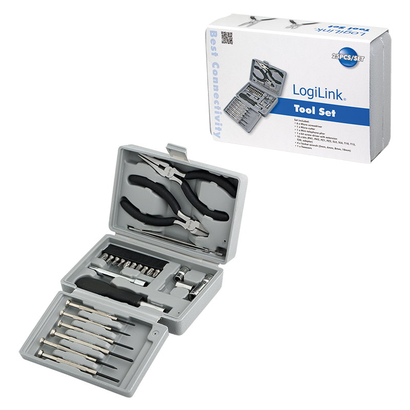TRUSA scule LOGILINK, set: 6x micro surubelnite, 1x cutter, 1x cleste pt. telefon, 1x surubelnita cu prelungire, 10x biti (PH1, PH2, PZ1, PZ2, PZ5, PZ6, T10, T15, T20, adaptor), 4x chei tubulare (5mm, 6mm, 8mm, 10mm), 1x penseta, "WZ0023"