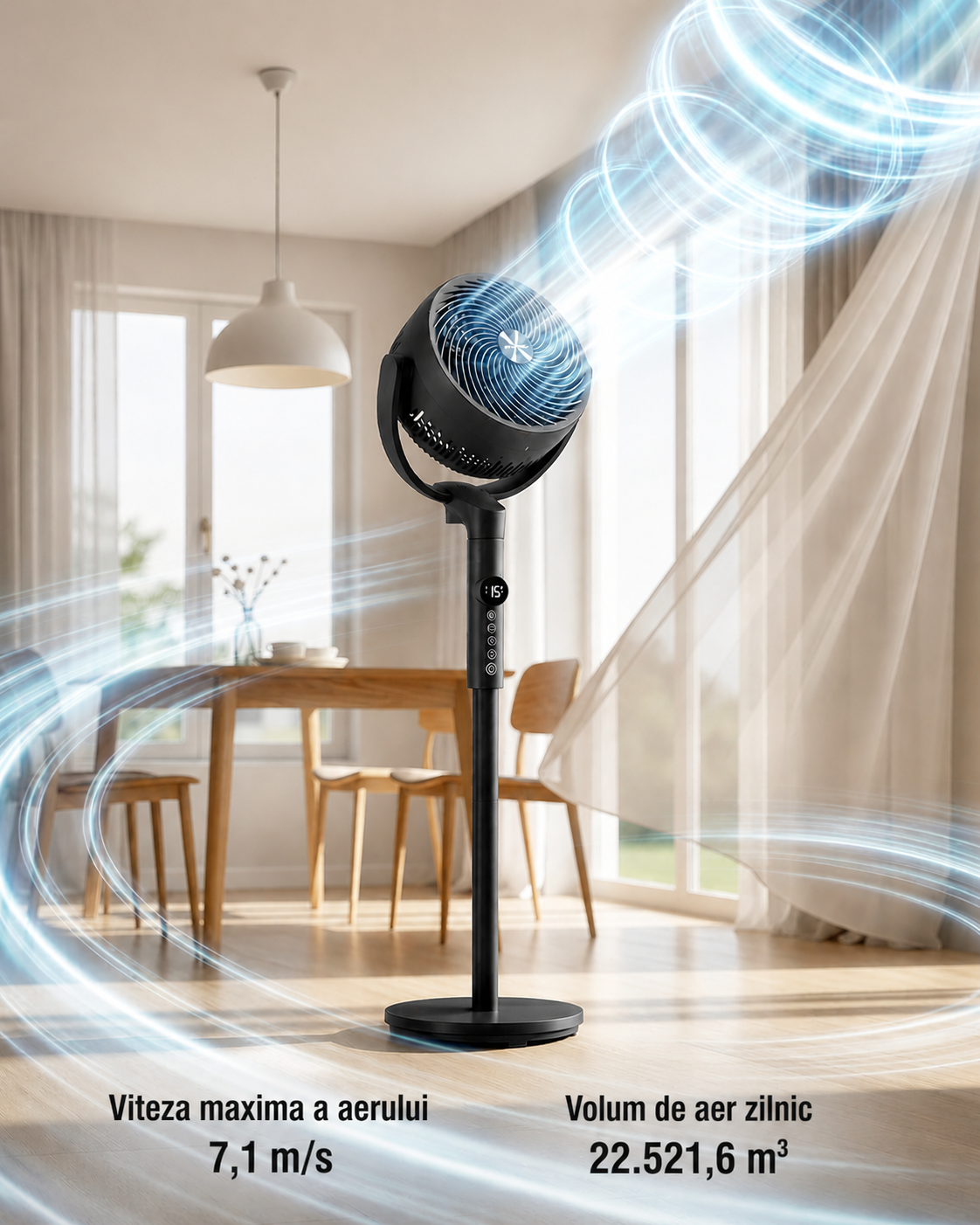 SONGMICS Ventilator cu picior reglabil pe inaltime, silentios 20 dB, 24 W, 15 viteze, telecomanda, oscilatie 120°, negru