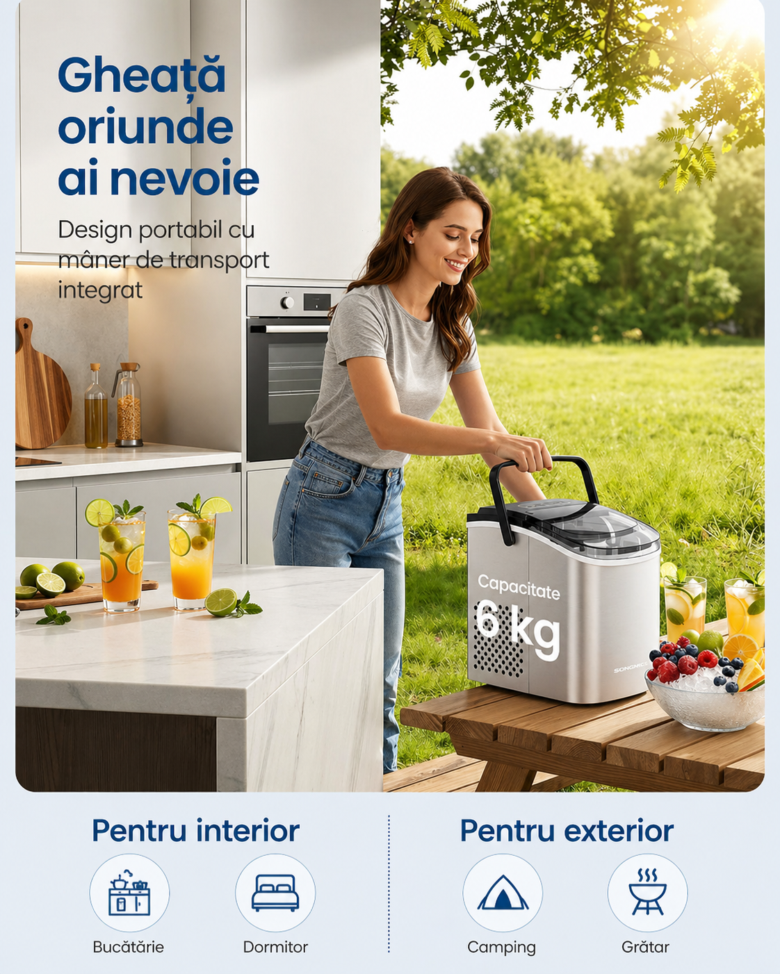 SONGMICS Masina cuburi gheata, 12 kg/24h, 2 dimensiuni, autocuratare, 31x25x32 cm, gri