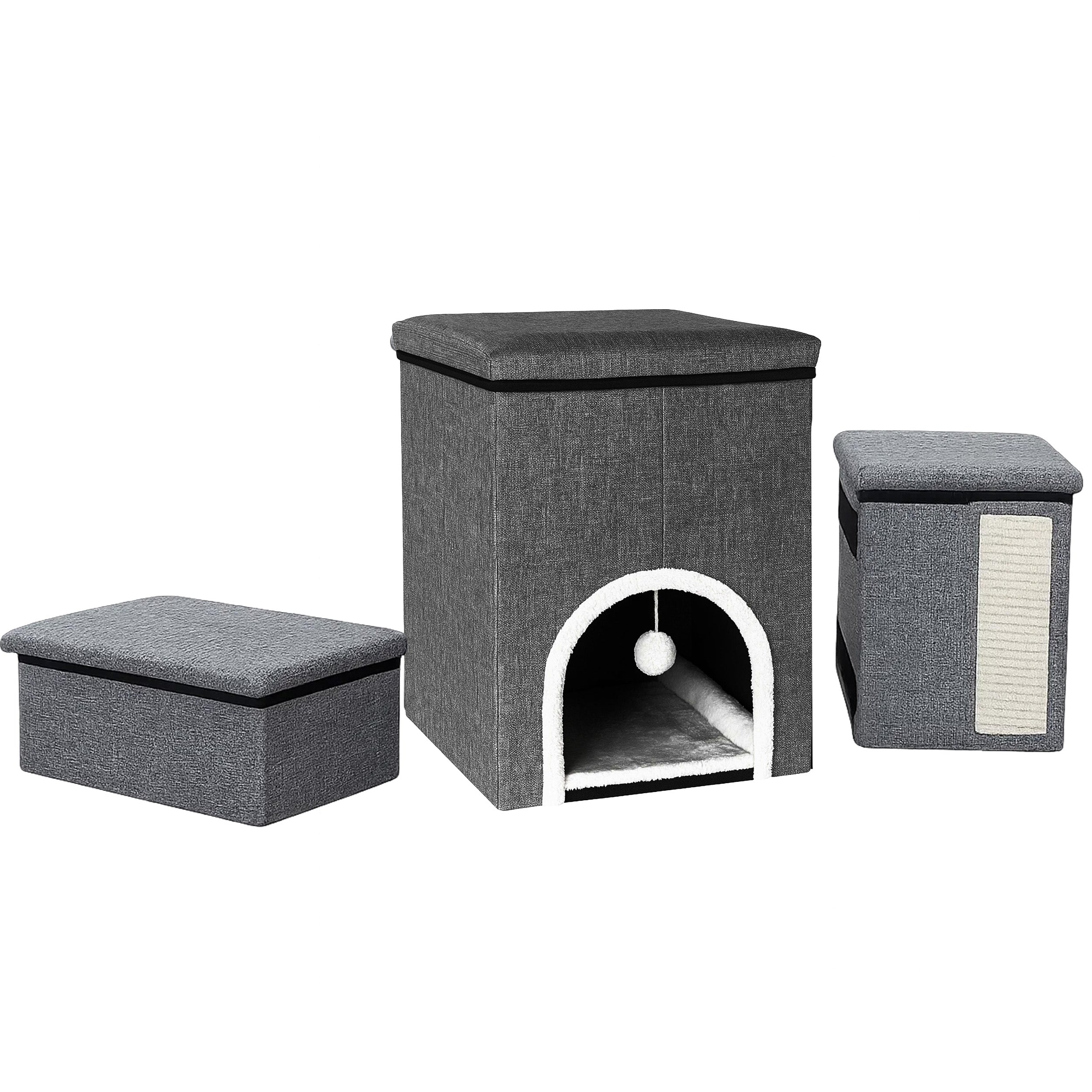 Ansamblu de zgariat pentru pisici 3in1 cu trepte, casuta si panou sisal, 33x76x42 cm, gri