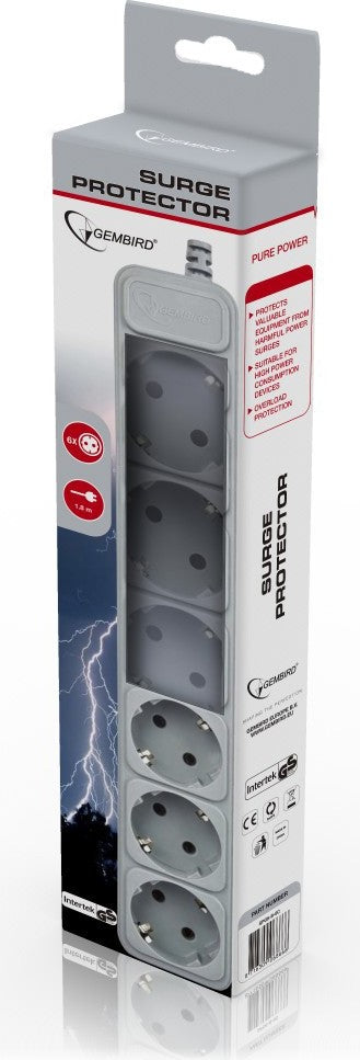 PRELUNGITOR GEMBIRD, Schuko x 6, conectare prin Schuko (T), cablu 1.8 m, 16 A, protectie supratensiune, protectie copii, gri, "SPG6-B-6C"