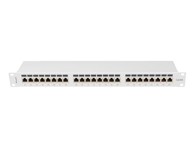 Patch panel 24 porturi 1U 19" Cat.6A FTP cu organizator cabluri, ecranat, gri