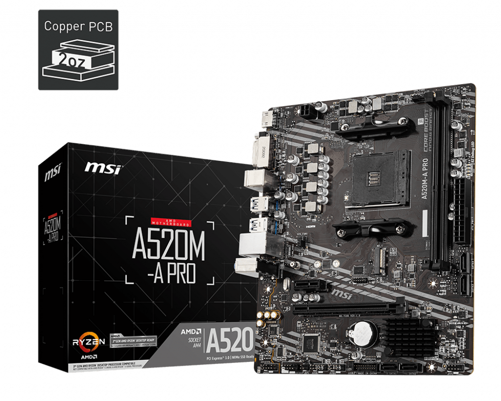 PLACA de BAZA MSI "A520M-A PRO", skt AM4, mATX, AMD A520, 2 x DDR4, max. 64 GB, 4 x SATA, 1 x M.2, 7.1, "A520M-A PRO"