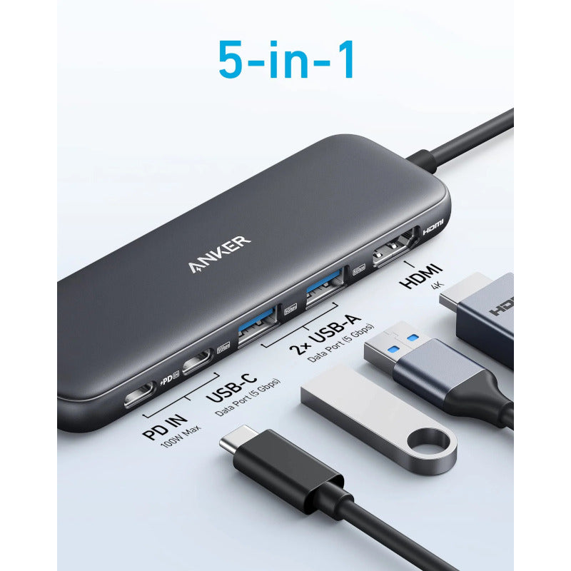 DOCKING Station Anker 5-in-1, porturi: 2 x USB-C, 2 x USB-A, HDMI 4K la 30Hz, 5 Gbps, PD 85W, conectare prin USB-C, gri, "A8355H11" (timbru verde 0.18 lei - 0194644101237