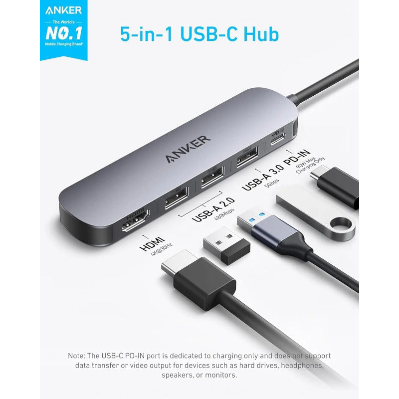 DOCKING Station Anker 5-in-1, porturi: 1 x USB-C, 3 x USB-A, 1 x HDMI 4K la 30Hz, PD 90W, conectare prin USB-C, gri, "A8357HA0" (timbru verde 0.18 lei - 0194644289133