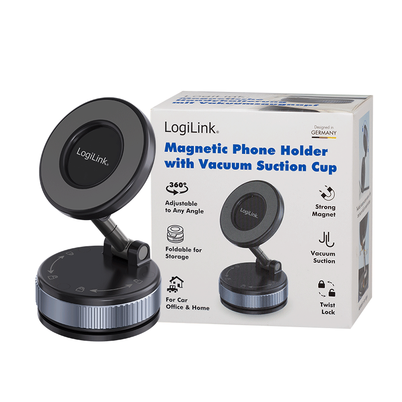 CAR HOLDER LOGILINK, magnetic, blocare prin rasucire si ventuza, 2 brate pliabile la 180 grade, rotire 360 grade, multi-suprafete, negru, "AA0198"