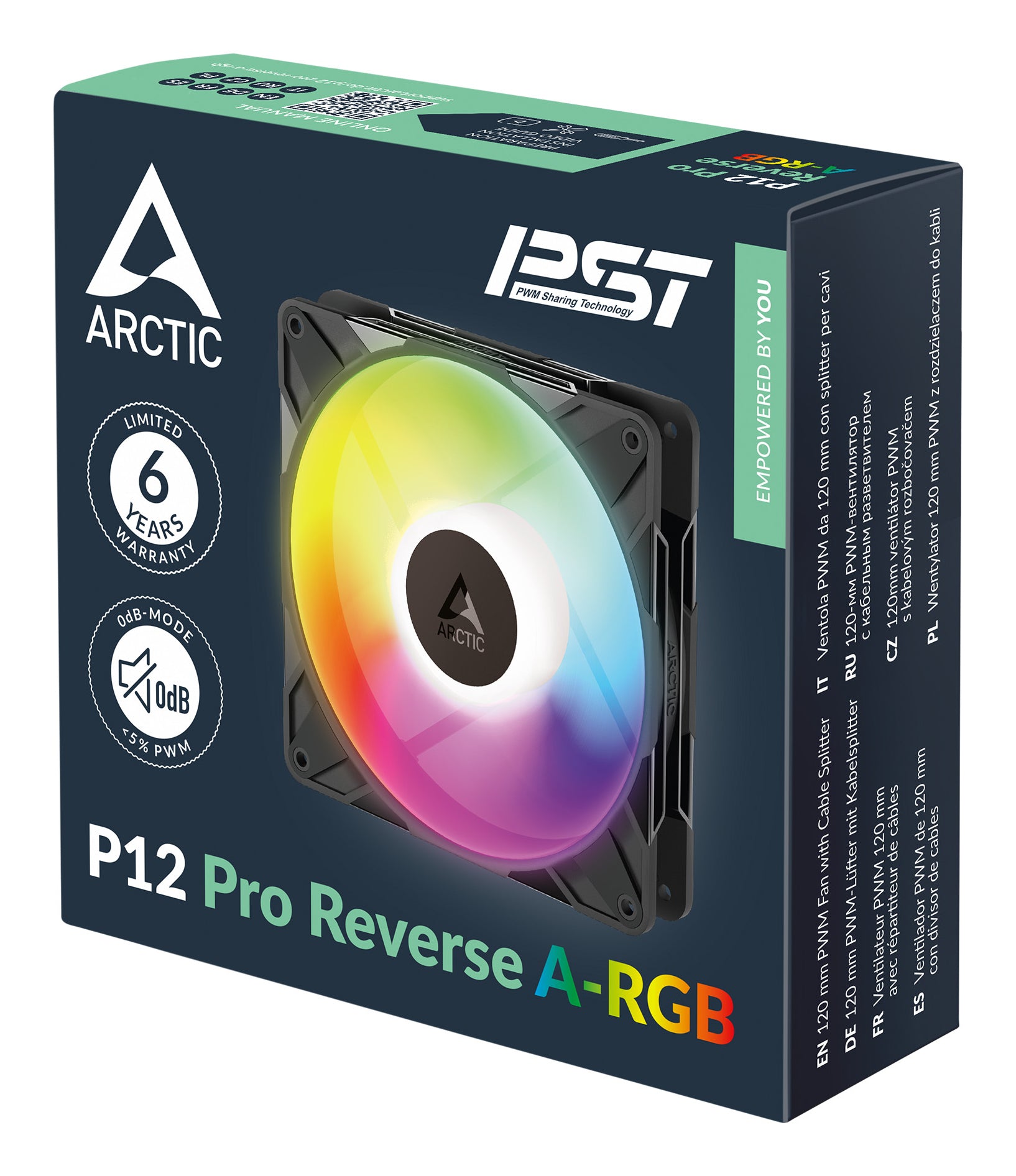 Set 3 ventilatoare Arctic "P12 Pro Reverse A-RGB - 3 Pack", 120mm, 500 - 3000 RPM, FDB, 73 cfm, 4-Pin Fan Plug + 4-Pin/3-Pin A-RGB Plug + 3-Pin Socket, negru, "ACFAN00333A"