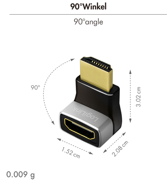 ADAPTOR video LOGILINK, HDMI (T) la HDMI (M), conectori auriti, rezolutie maxima 8K (7680 x 4320) la 60 Hz, 90 grade, negru-gri, "AH0005A"