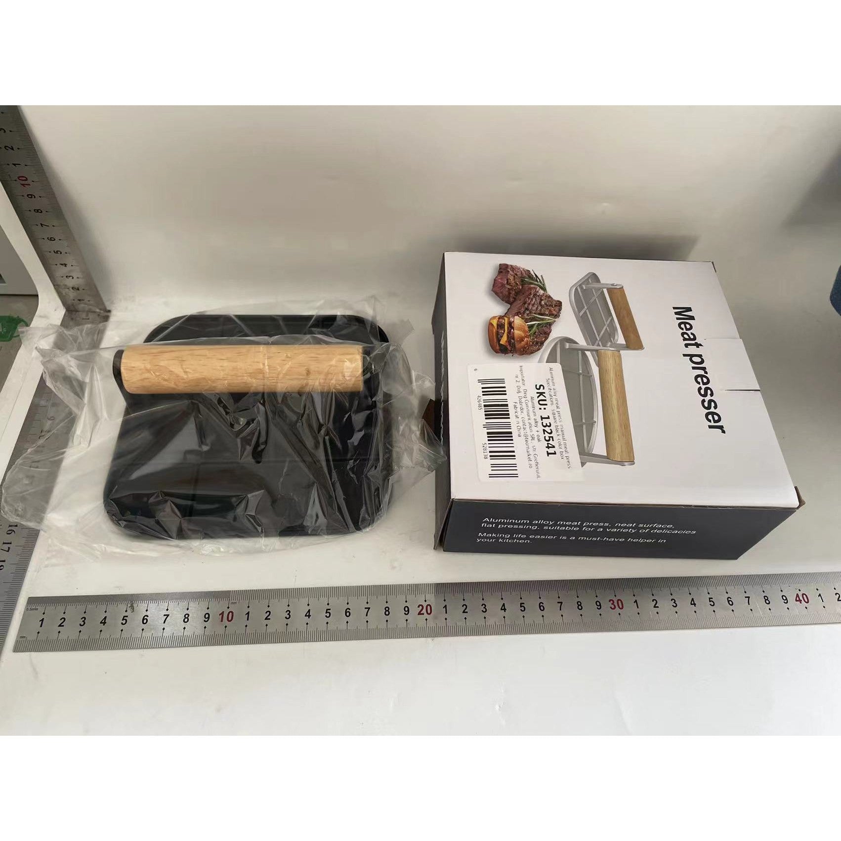 Presa Manuala pentru Carne, din Aliaj de Aluminiu, Maner din Lemn, Presa pentru Burgeri, Usor de Curatat si Folosit, Patrata, 16x16x6 cm, Neagra