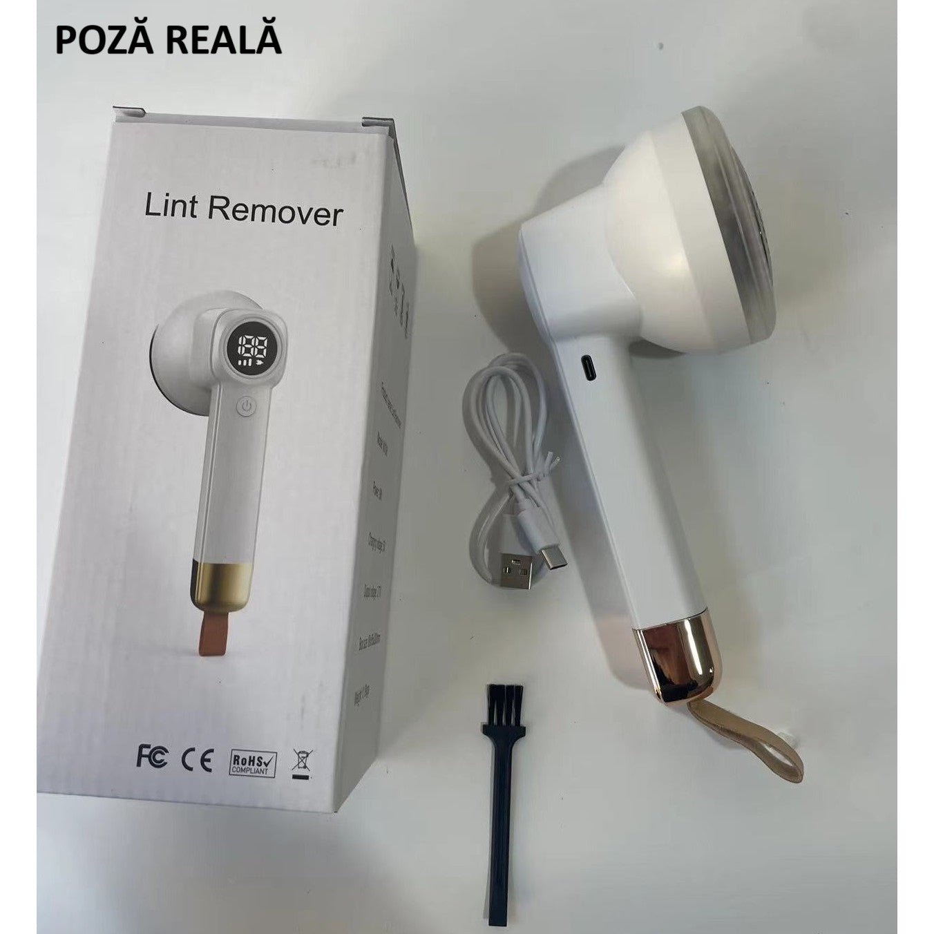 Aparat Pentru Curatat Scame, Par Si Praf, Flippy, Pentru Diferite Tipuri De Material, Cu Lame Din Otel Inoxidabil, Incarcare Prin USB Type-C, Cu Perie De Curatare si Cablu USB Incluse, Alb, 20 x 8.8 x 8.5 cm