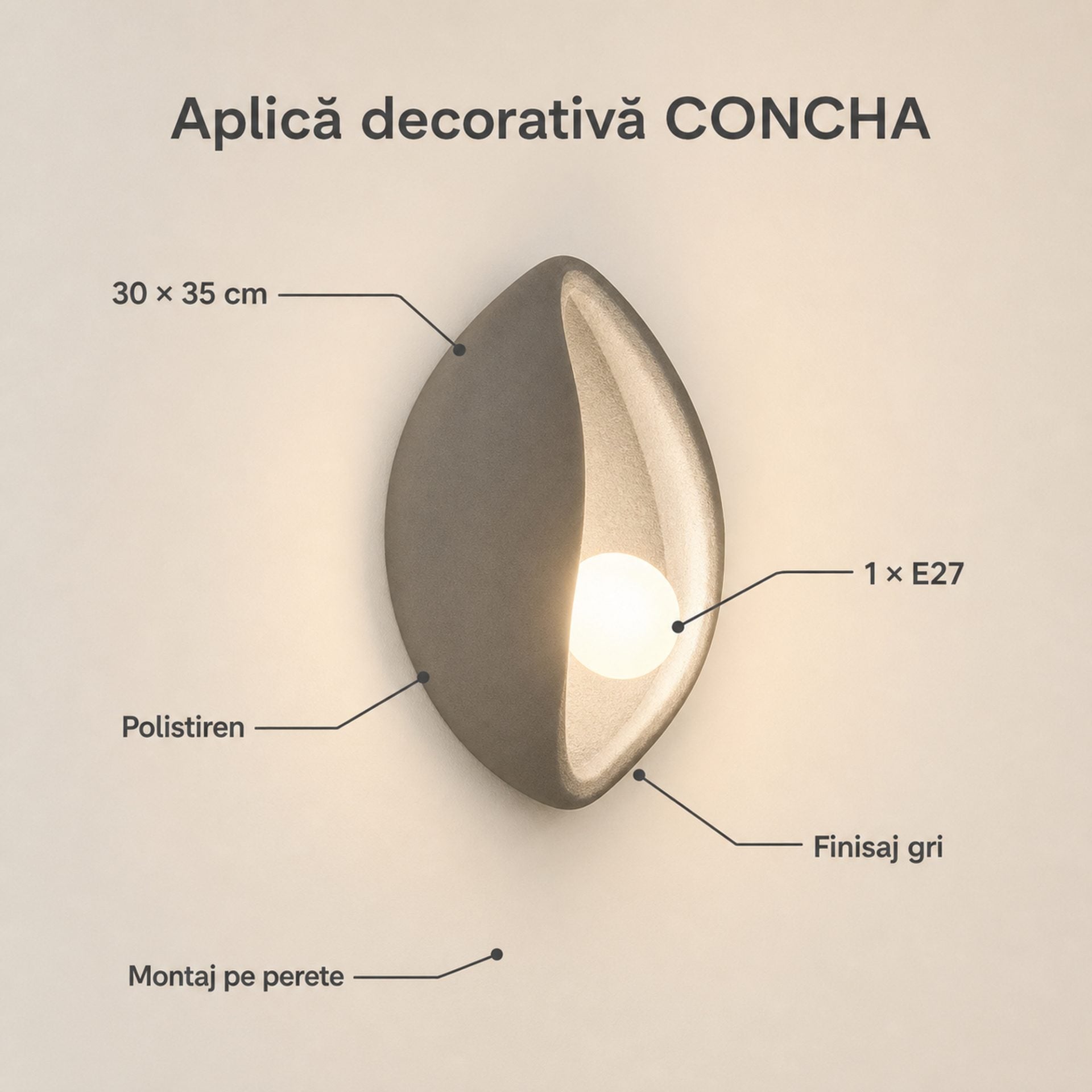 Aplica LED Decorativa CONCHA, 30x35cm, 1xE27, Polistiren, Gri