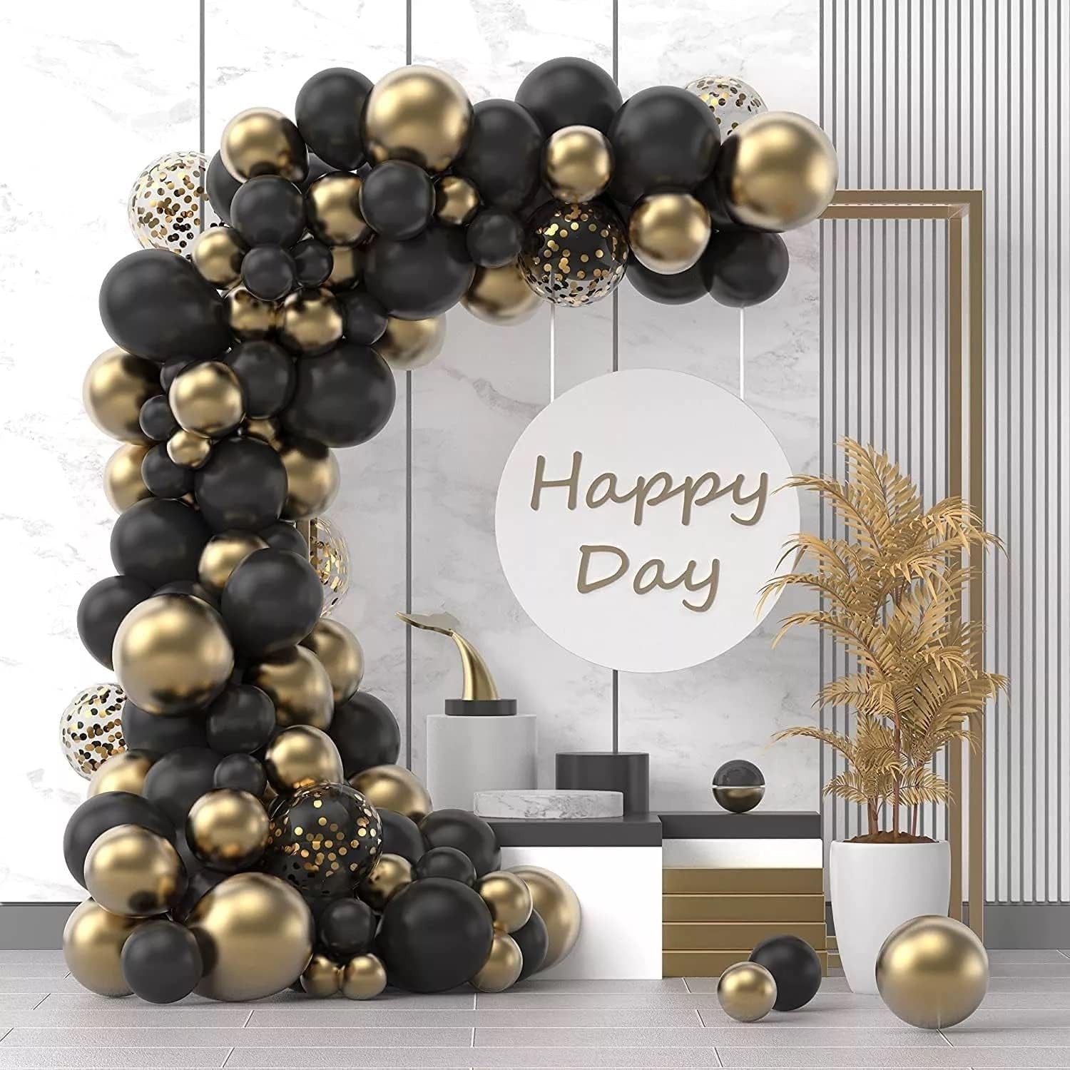 Baloane decorative pentru Nunta, Zi de Nastere, Evenimente, Arcada Set din 107 baloane, din latex, baloane cu confetii, Negru Auriu