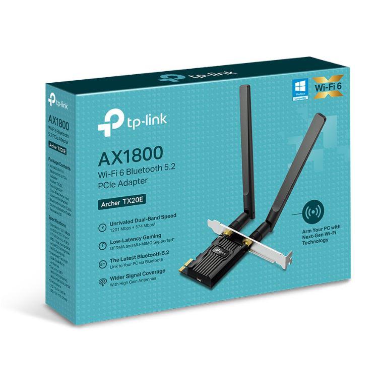 ADAPTOR RETEA TP-LINK AX1800, extern wireless 2.4 GHz | 5 GHz, PCI-E port, 1800 Mbps, WI-FI 6 si Bluetooth 5.2, antena externa x 2, "Archer TX20E"