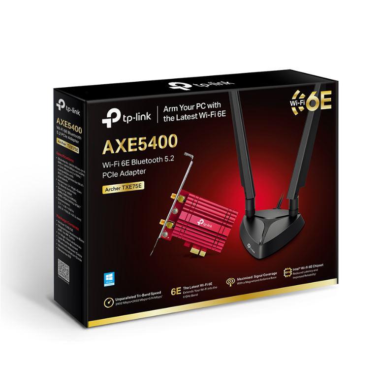 ADAPTOR RETEA TP-LINK AXE5400, extern wireless 2.4 GHz | 5 GHz | 6GHz, PCI-E port, 5400 Mbps, WI-FI 6E si Bluetooth 5.3, antena externa x 2, "Archer TXE75E"