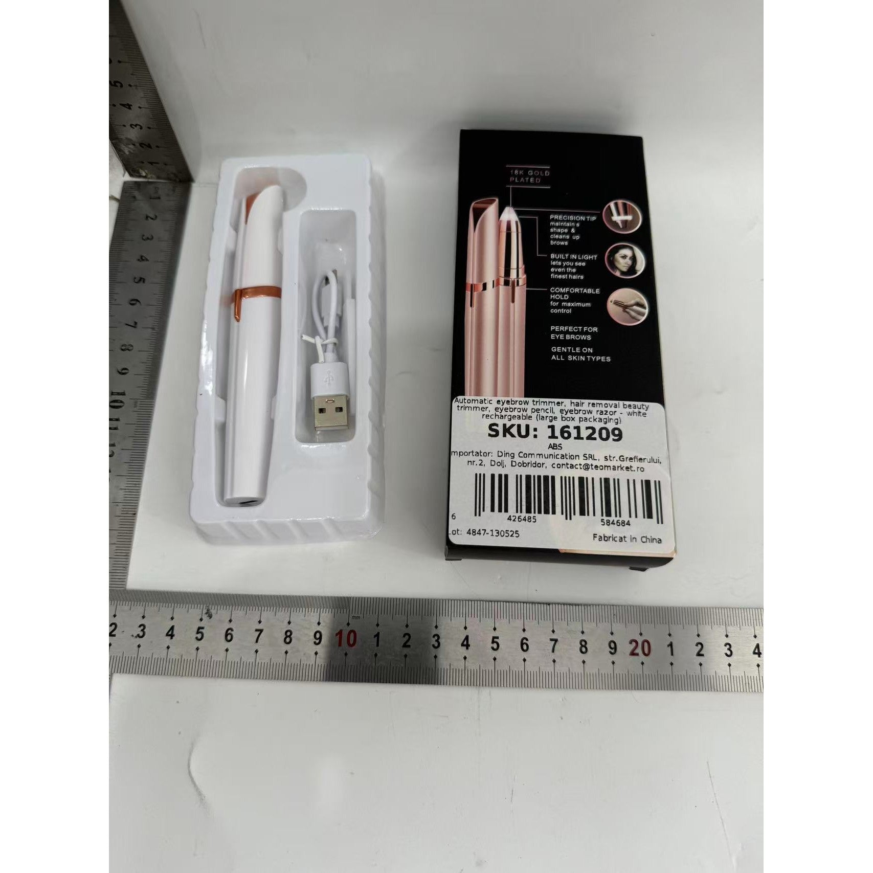 Trimmer Facial pentru Sprâncene și Păr Facial, Reîncărcabil USB, Design Compact, ABS, Alb, 1.5 x 13 cm