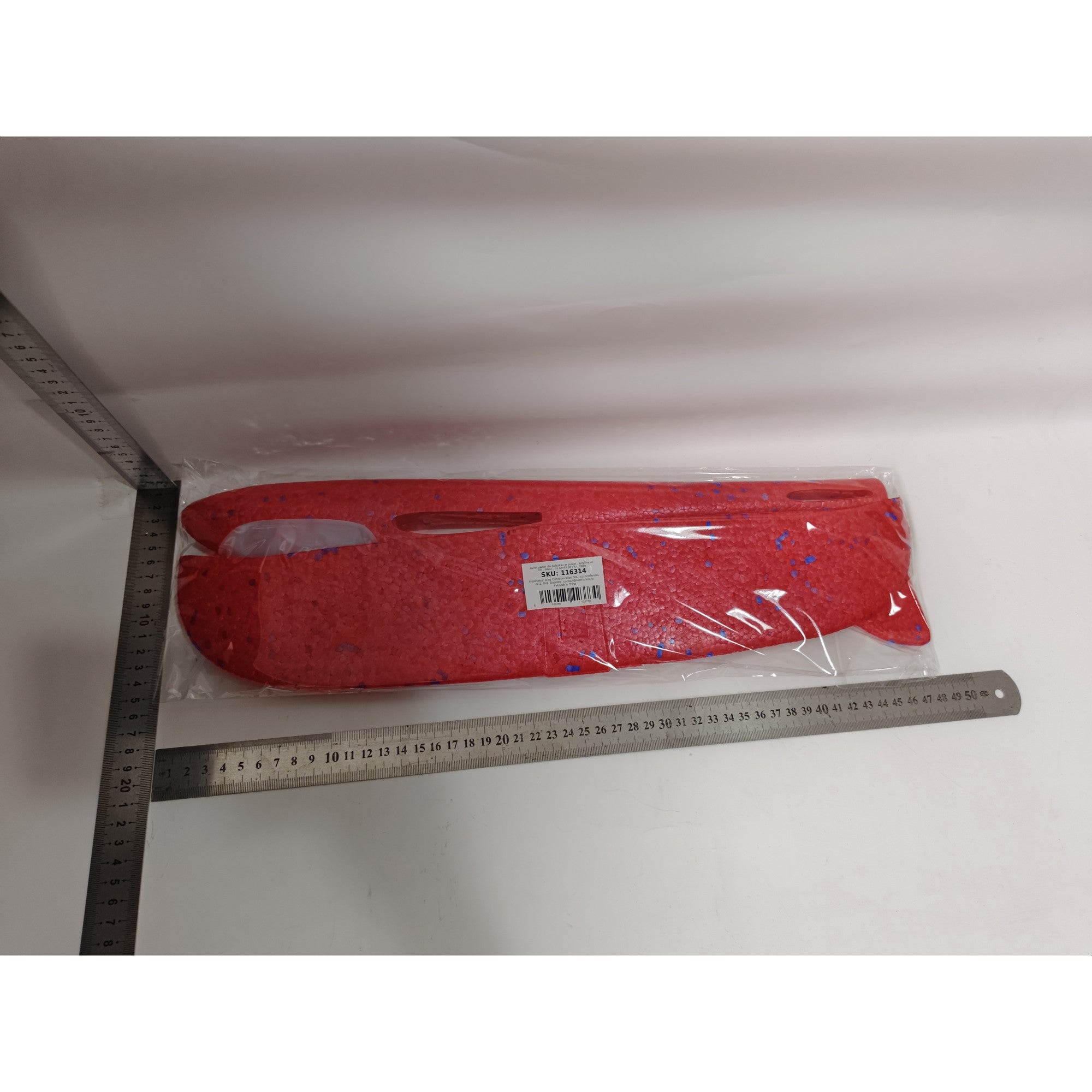 Avion planor din polistiren in punga, lungime 47 cm, Rosu, cu lumini pe cap