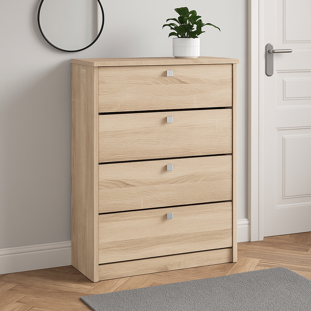 Dulap pantofi cu 4 usi rabatabile, PAL laminat, 60x33x80 cm, stejar sonoma