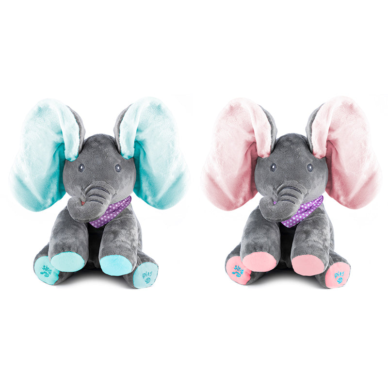 Jucarie plus interactiva elefant pentru copii, canta, misca urechile, joc cucu-bau, 30x30x25 cm, gri