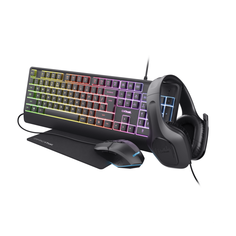 Kit Trust GXT 792 Quadrox 4-in-1, kitul contine: casti gaming, tastatura gaming, mouse gaming, mousepad, adaptor