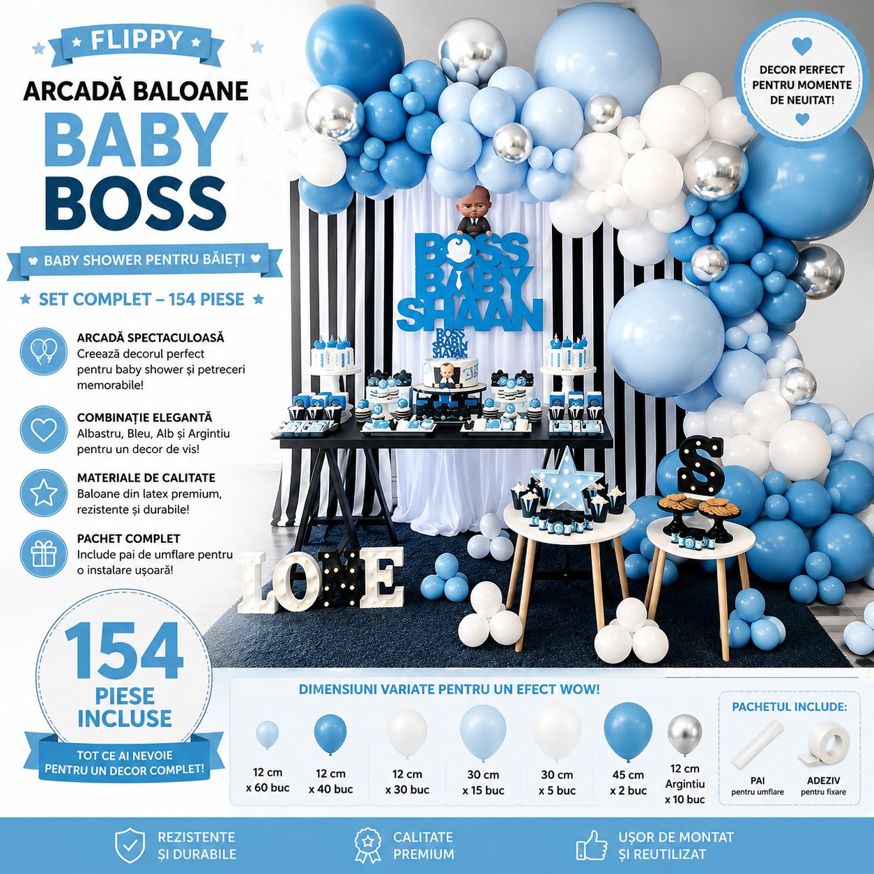 Baloane decorative Arcada, pentru Baieti, BABY SHOWER, Arcada Baby BOSS, Set din 154 baloane, Model Petrecere, Baloane Party, 12 cm, 30 cm, 45 cm, Albastru, Bleu, Alb, Argitiu