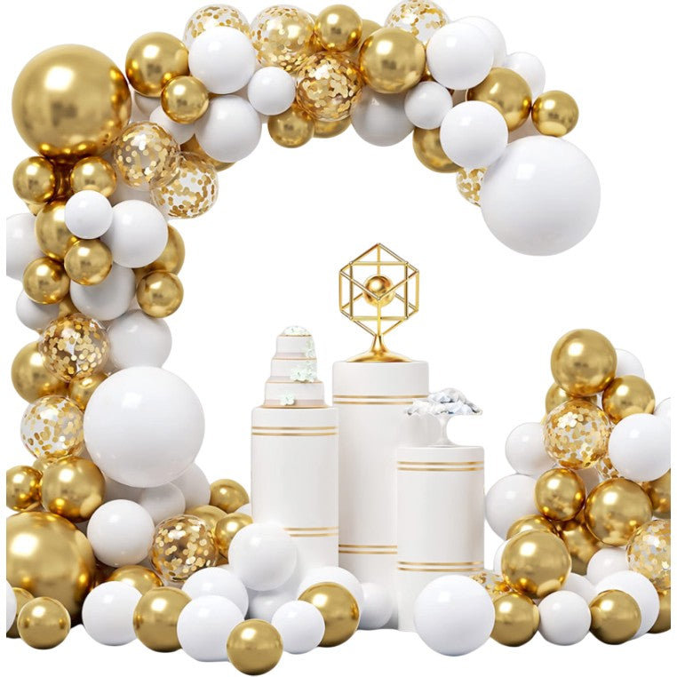 Baloane pentru Arcada decorativa, Set 127 baloane din Latex, Model Petrecere pentru Arcada, Baloane Party, 12 cm, 25 cm, 30 cm, Alb Gold