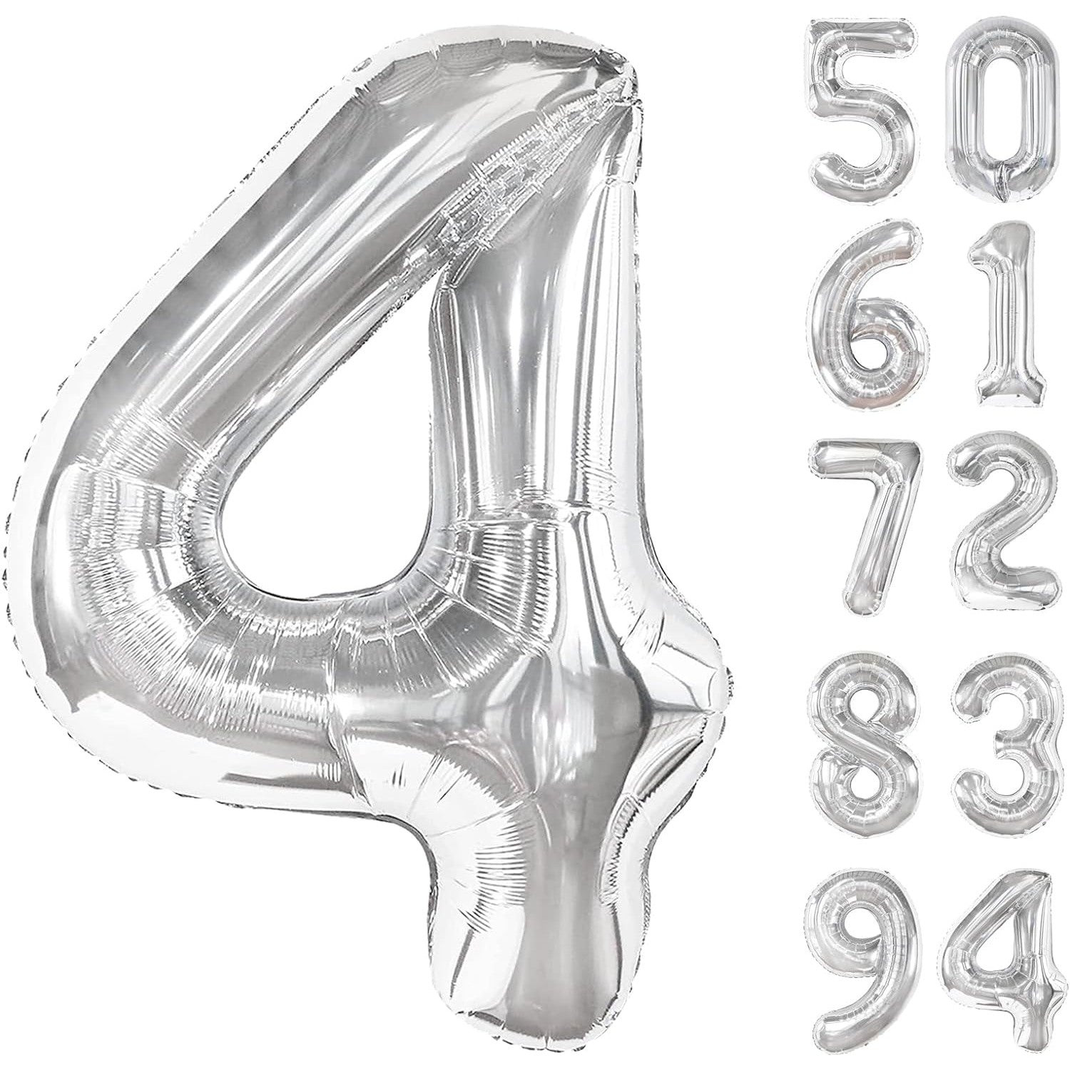 Balon din Folie Metalizata, Figurina Cifra, Tema Aniversare 40 cm, Ambalaj Individual, Pai inclus, Umflare cu Aer sau Heliu, Argintiu, Cifra 4