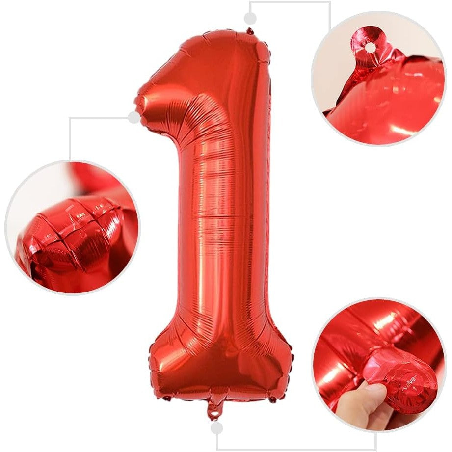 Balon din Folie Metalizata, Figurina Cifra, Tema Aniversare 80 cm, Ambalaj Individual, Pai inclus, Umflare cu Aer sau Heliu, Rosu, Cifra 1