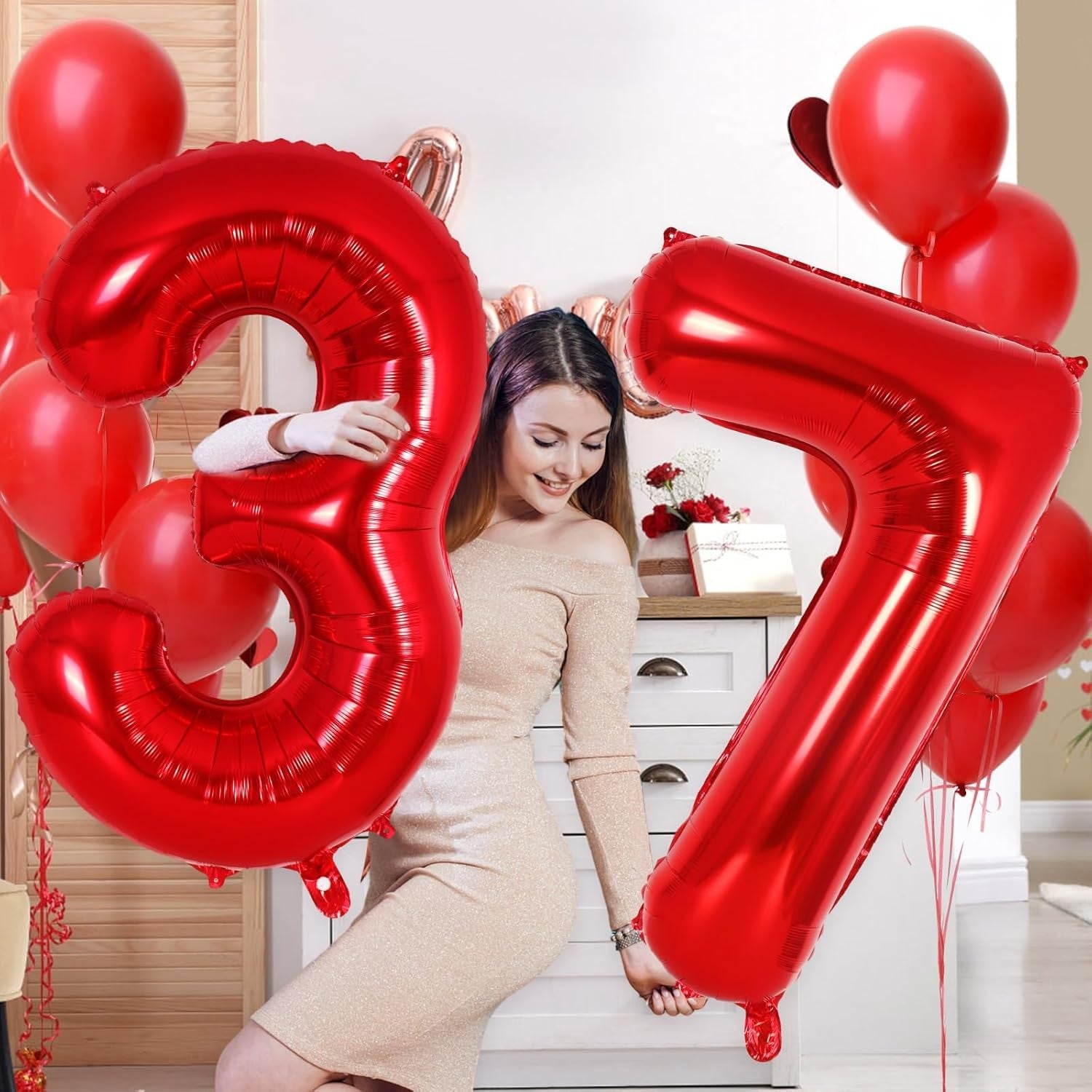 Balon din Folie Metalizata, Figurina Cifra, Tema Aniversare 80 cm, Ambalaj Individual, Pai inclus, Umflare cu Aer sau Heliu, Rosu, Cifra 3