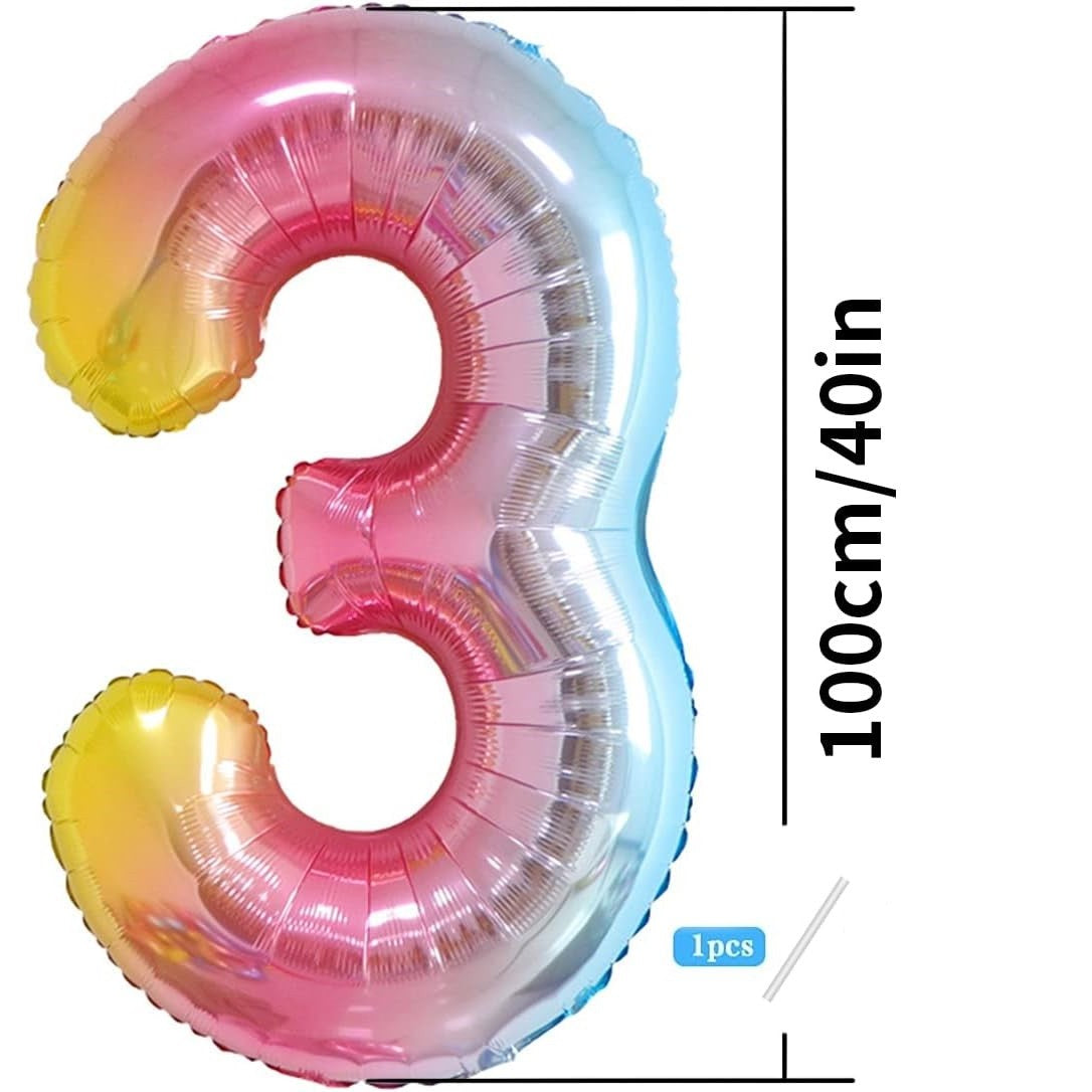 Balon din Folie Metalizata Gradient, Figurina Cifra, Tema Aniversare 100 cm, Ambalaj Individual, Pai inclus, Umflare cu Aer sau Heliu, Multicolor, Cifra 3