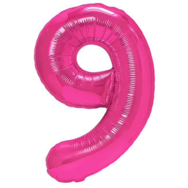 Balon din Folie Metalizata, Figurina Cifra, Tema Aniversare 40 cm, Ambalaj Individual, Pai inclus, Umflare cu Aer sau Heliu, Roz, Cifra 9