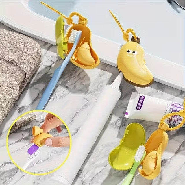 Capac Protector pentru Periuta de Dinti, cu Recipient Pasta de Dinti, Portabil, cu Agatatoare, din Plastic 8.7 x 3 cm, Galben/Maro