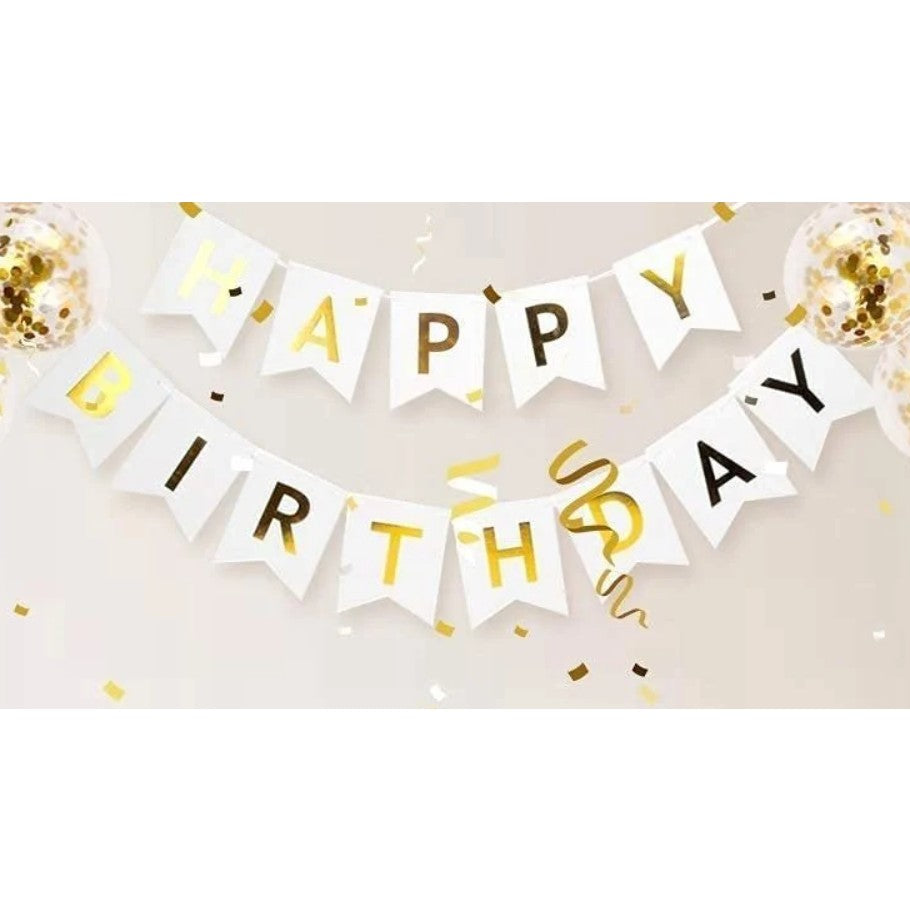 Banner Happy Birthday 100x200 cm, Dimensiune Stegulet 11.5x16.5 cm, Rola de Ata Inclusa, Alb