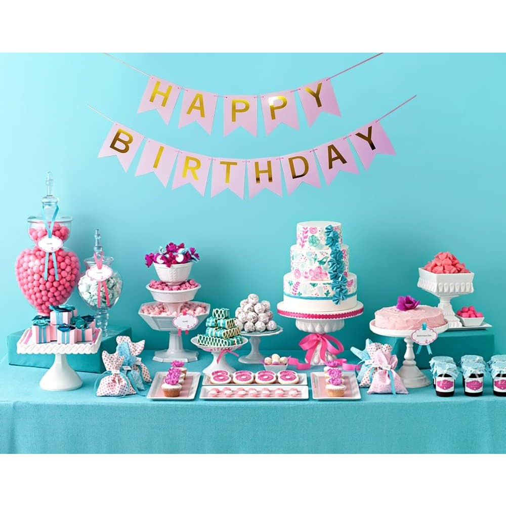 Banner Happy Birthday 100x200 cm, Dimensiune Stegulet 11.5x16.5 cm, Rola de Ata Inclusa, Roz