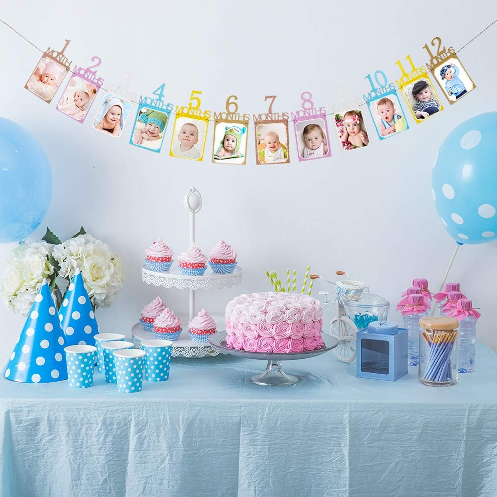 Banner pentru Poze, 15.2x10.2 cm, Tema Prima Aniversare, Model Primele 12 Luni, Rola Ata Inclusa, Multicolor