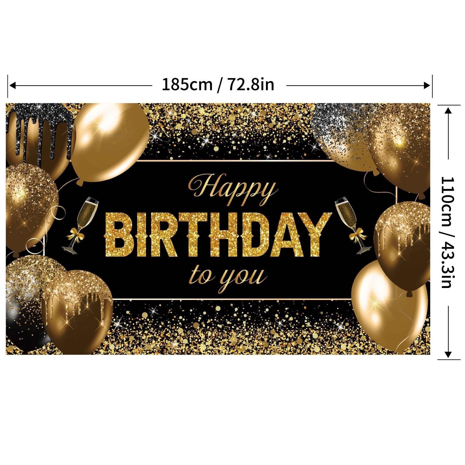 Banner Tip Fundal pentru Poze, din Panza, 185 x 110 cm, Sfoara 6 m, Prindere in 4 Colturi, Happy Birthday to You, Negru/Auriu