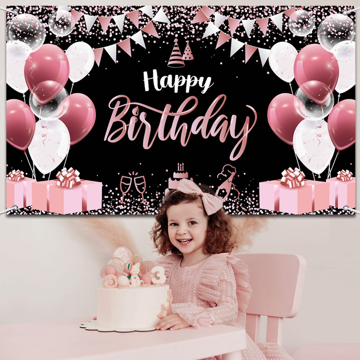 Banner Tip Fundal pentru Poze, din Panza, 185 x 110 cm, Sfoara 6 m, Prindere in 4 Colturi, Negru/Roz