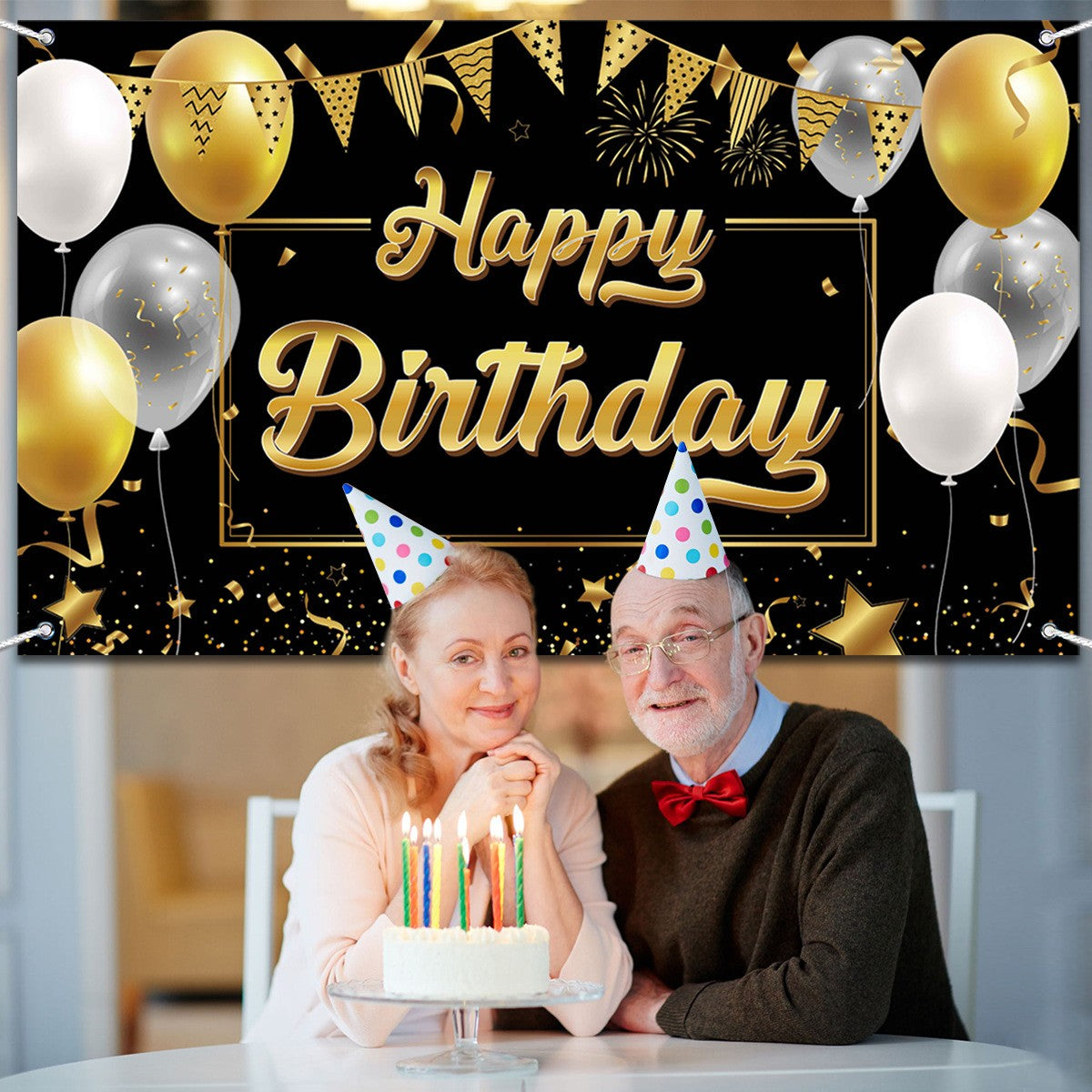 Banner Tip Fundal pentru Poze, din Panza, Model Happy Birthday to You, 185 x 110 cm, Sfoara 6 m, Prindere in 4 Colturi, Negru/Auriu