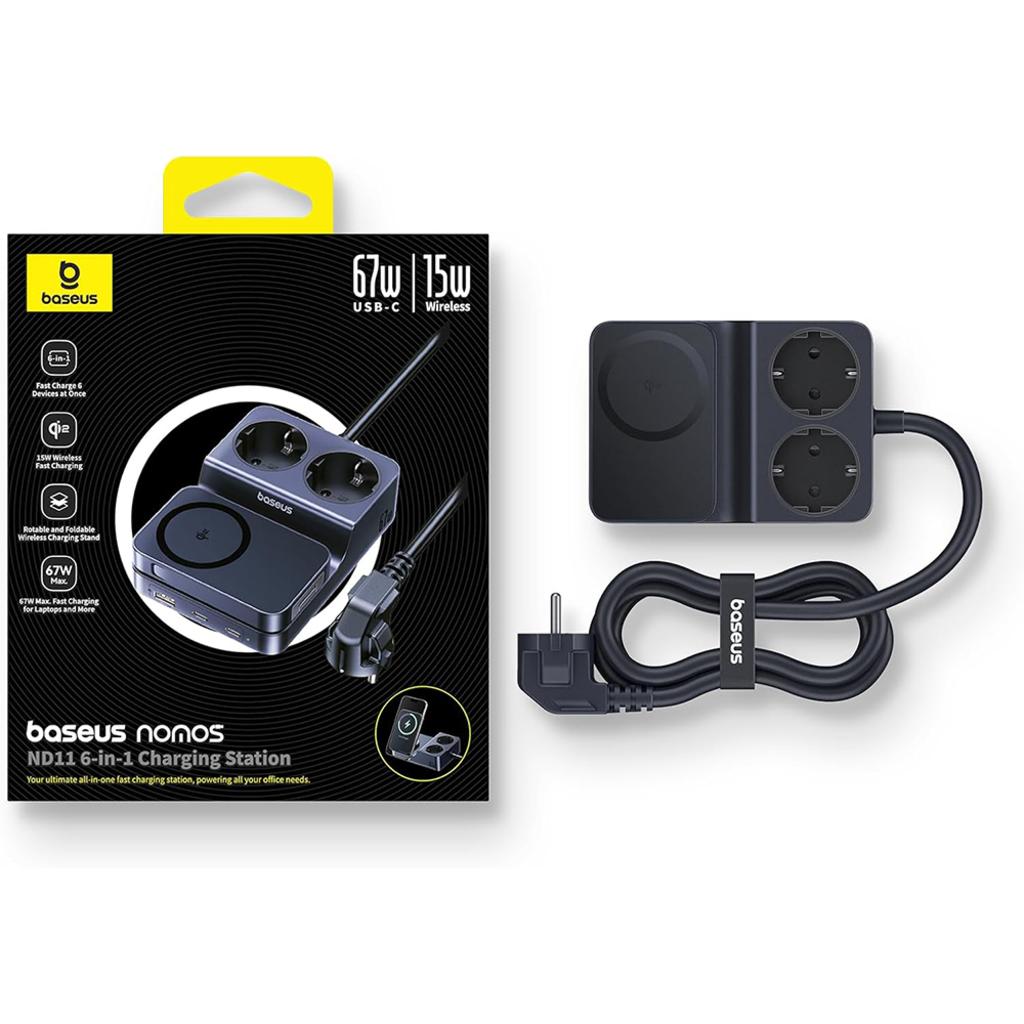 INCARCATOR RETEA Baseus Nomos Powerstrip, QC 67W, 2 x AC, 2xUSB Type-C, 1 x USB, 1 x incarcare wireless magnetica 15W, lungime cablu 1.5m, negru "E00078801123-00" -6932172689704