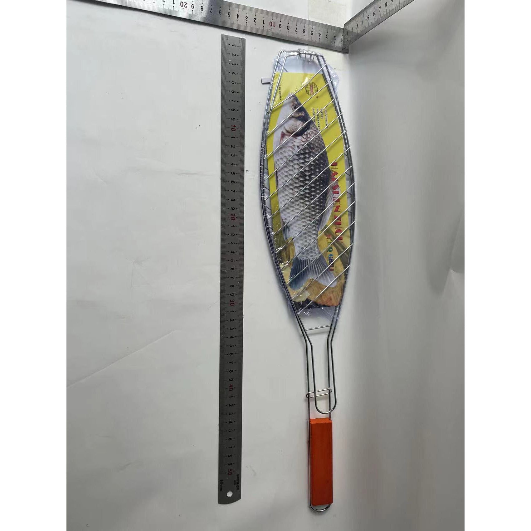 Gratar Grill Inox pentru Peste, cu Maner, de Dimensiuni Reduse, Usor de Transportat si Depozitat, Argintiu, 56x12 cm