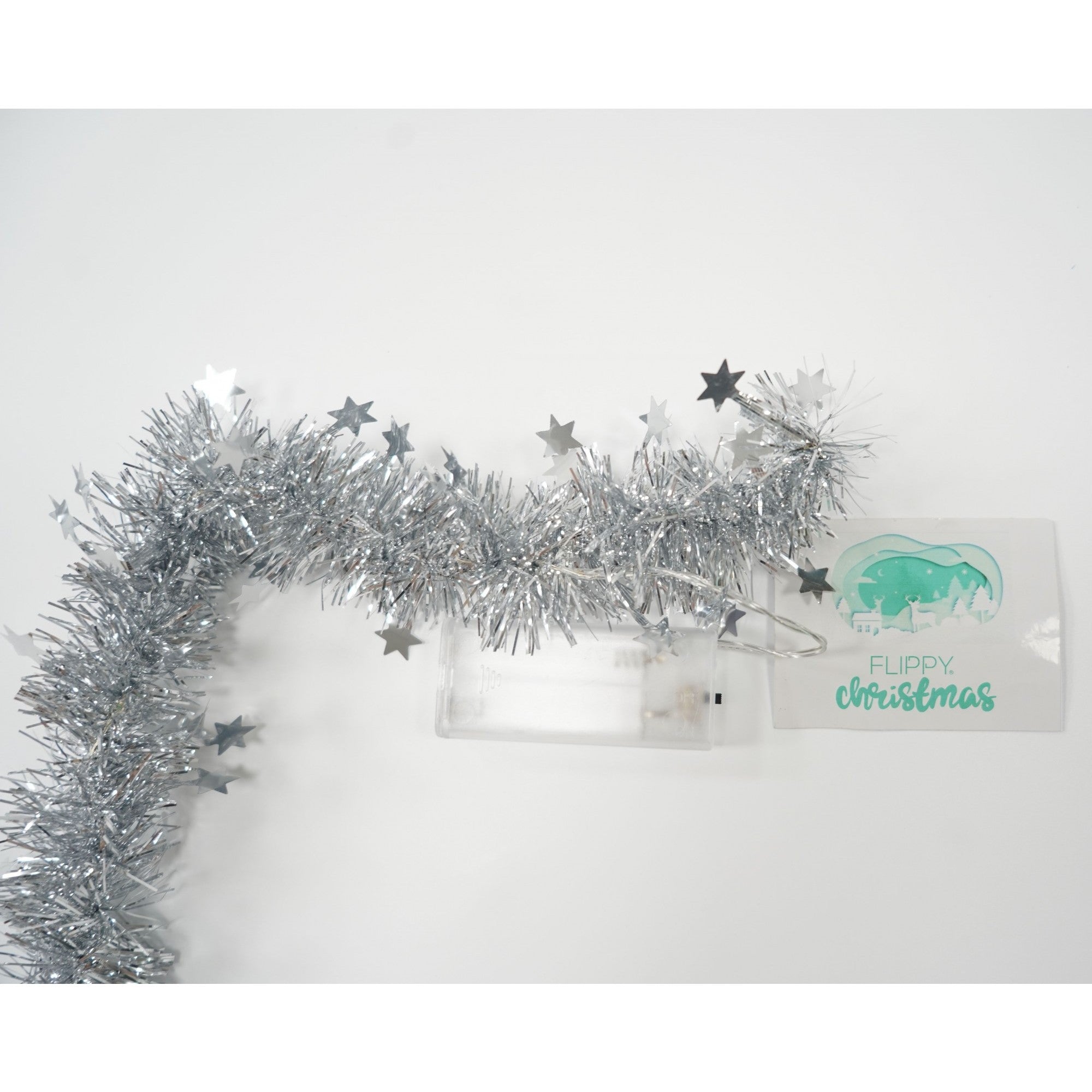 Beteala Craciun cu LED, Argintie, model cu stelute, 2 m x 5 cm, PVC, Sir, Artificiala