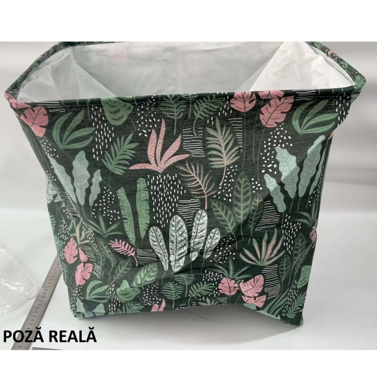 Cutie de Depozitare Pliabila, Impermeabila, cu Snur, Capacitate 100 L, cu Manere, 50x50x40cm, Model Frunze, Verde