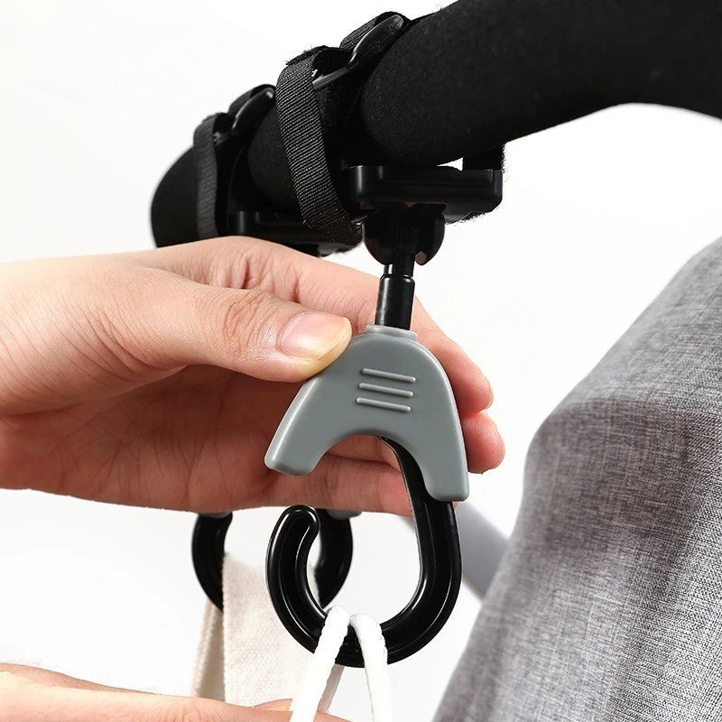 Set 2 Cârlige pentru Cărucior, din Plastic cu Fixare Velcro, Rotire 360°, Pentru Genți și Accesorii, Sarcină Maximă 2 kg, Montare Rapidă și Utilizare Practică, Negru
