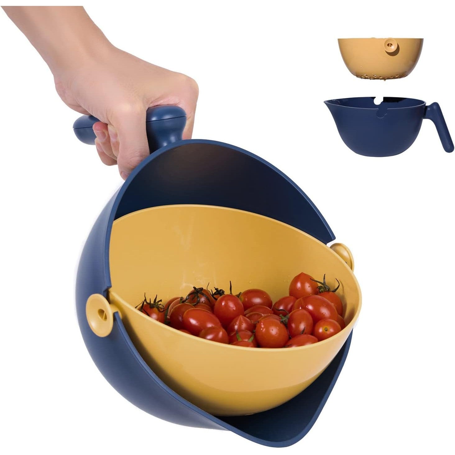 Bol cu Doua Straturi, pentru Fructe, Legume, cu Cos de Scurgere a Apei, 2L, din ABS+PP, 29.9 x 22.5 x 11.8 cm, Albastru-Portocaliu