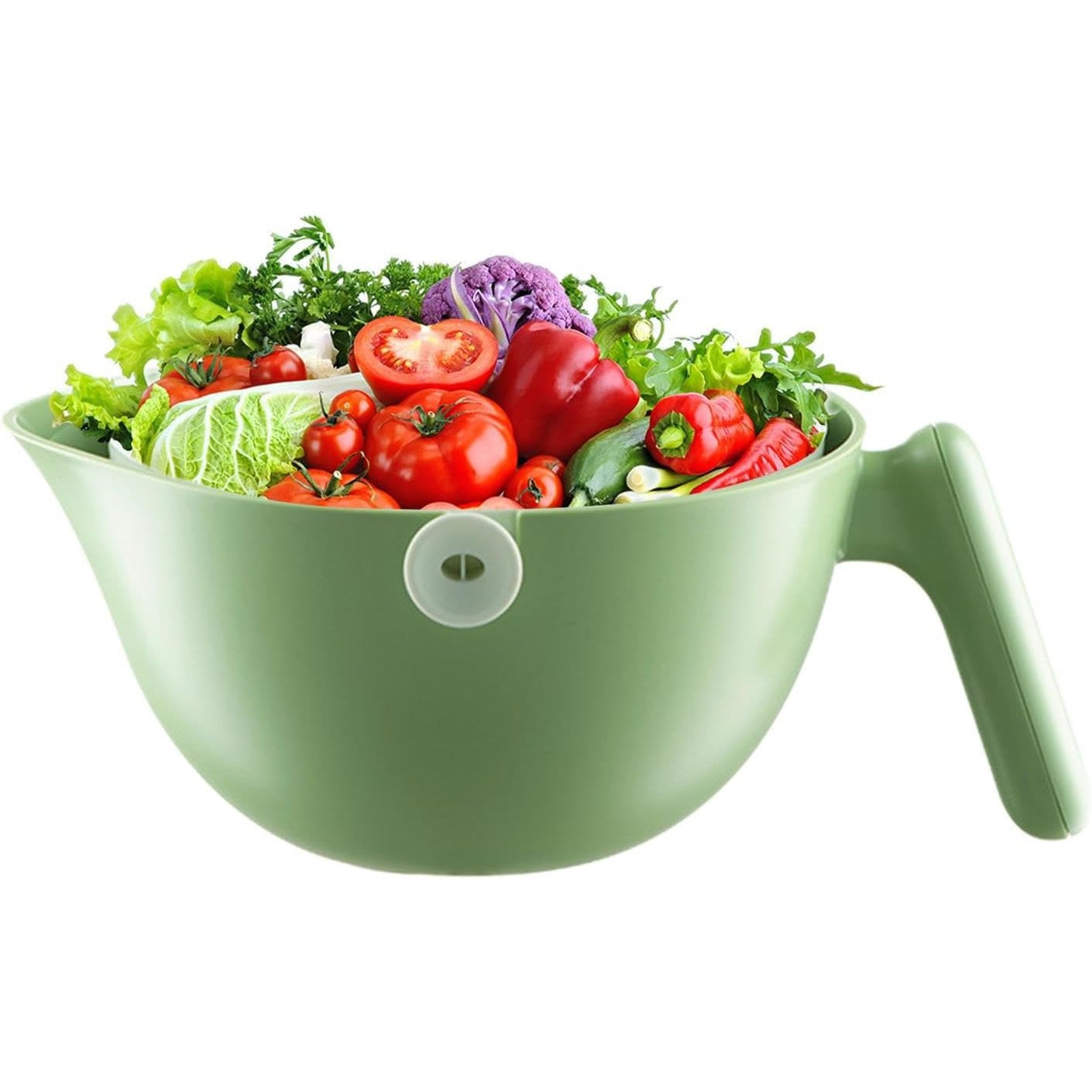 Bol cu Doua Straturi, pentru Fructe, Legume, cu Cos de Scurgere a Apei, 2L, din ABS+PP, 29.9 x 22.5 x 11.8 cm, Verde-Alb