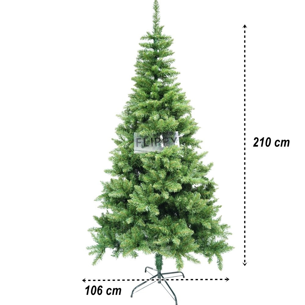 Brad artificial de Craciun, clasic, pentru interior/exterior, inaltime 210 cm, diametru 106 cm, 663 ramuri, verde, suport metalic inclus